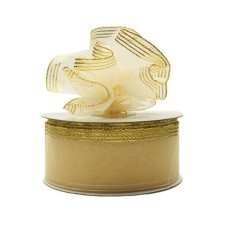 1.5 Inch Ivory Organza Pull Bow Ribbon With 4 Rows of Gold Stripe Accents, 25 Yards (Lot of 1 Spool) SALE ITEM